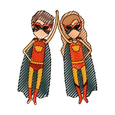 uçan ve el ele tutuşarak süper kahramanlar meçhul çift renkli kalem siluet