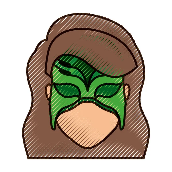 Buntstift-Silhouette einer gesichtslosen Superheldin mit langen welligen Haaren und Maske und dicker Kontur — Stockvektor