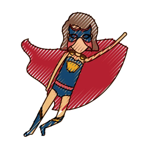 Pensil berwarna siluet dengan superhero gadis tanpa wajah dengan rambut pendek terbang dalam arah diagonal - Stok Vektor