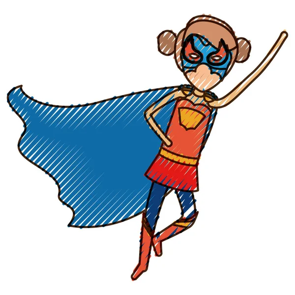 色鉛筆で斜め方向に飛んで収集した髪のスーパー ヒーロー フェースレス女シルエット — ストックベクタ