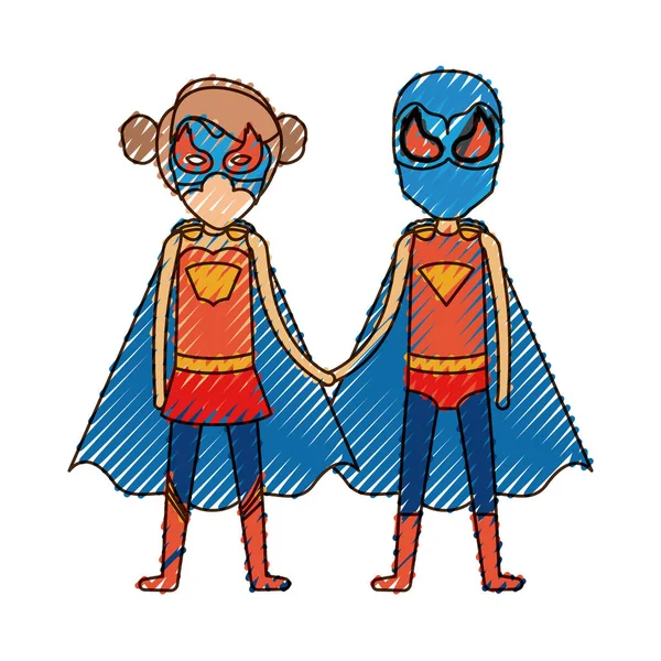 Siluet pensil berwarna dengan duo superhero tanpa wajah bersatu dengan tangan dan dia dengan rambut yang dikumpulkan - Stok Vektor