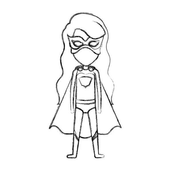 Monokrom kabur contour tanpa wajah gadis superhero berdiri dengan rambut panjang bergelombang - Stok Vektor