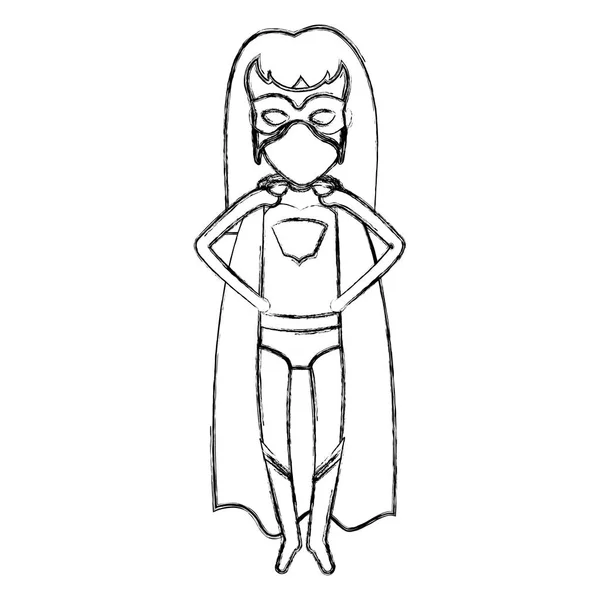 Monokrom kabur kontur tanpa wajah wanita superhero terbang dengan tangan di pinggang Anda - Stok Vektor