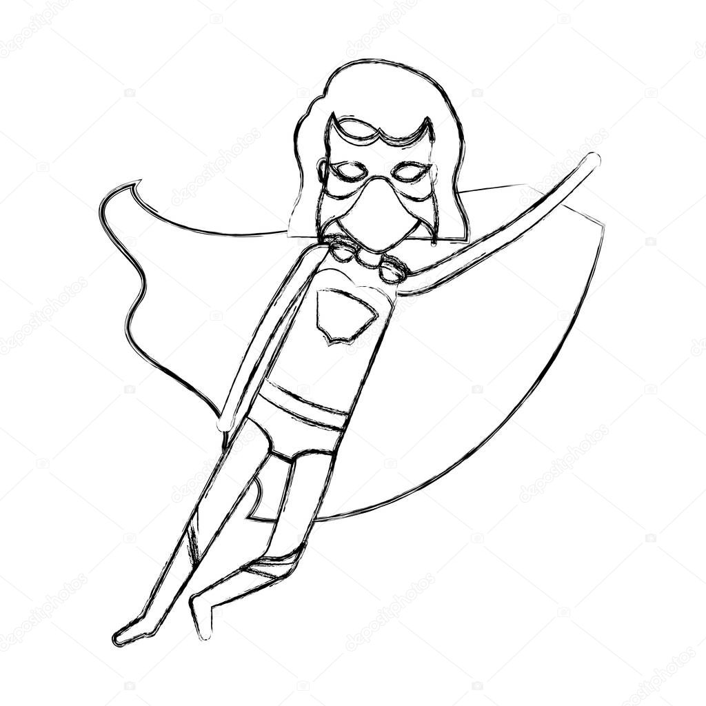 monochrome blurred contour faceless of superhero girl with short hair flying in diagonal direction