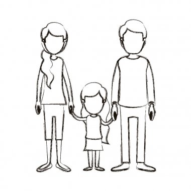 siluet karikatür meçhul ailesi ile genç Baba ve anne tarafı at kuyruğu saçları eller alınan küçük kız ile bulanık