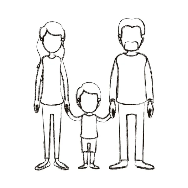 Silhueta borrada caricatura família sem rosto com pais e menino tomado as mãos — Vetor de Stock