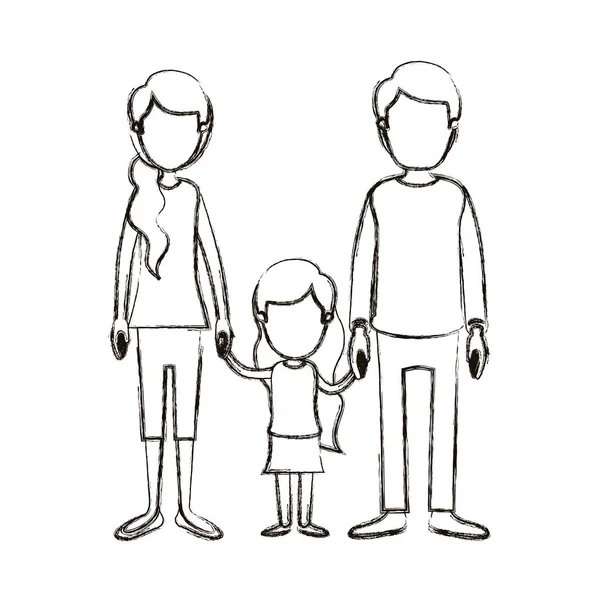 Suddig siluett karikatyr ansiktslösa familj med ung pappa och mamma med sida hästsvans hår med liten flicka tagit händer — Stock vektor