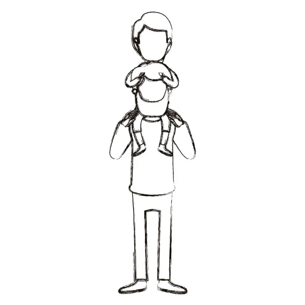 Θολή σιλουέτα καρικατούρα απρόσωπη γενειοφόρος πατέρα με παιδί στην πλάτη του — Διανυσματικό Αρχείο