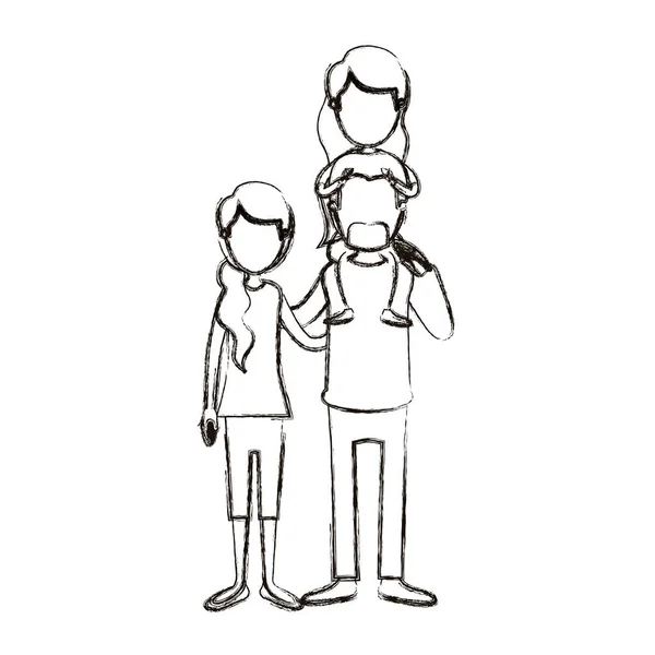 Silueta borrosa caricatura familia sin rostro con la madre y el padre con bigote y niña en la espalda — Vector de stock