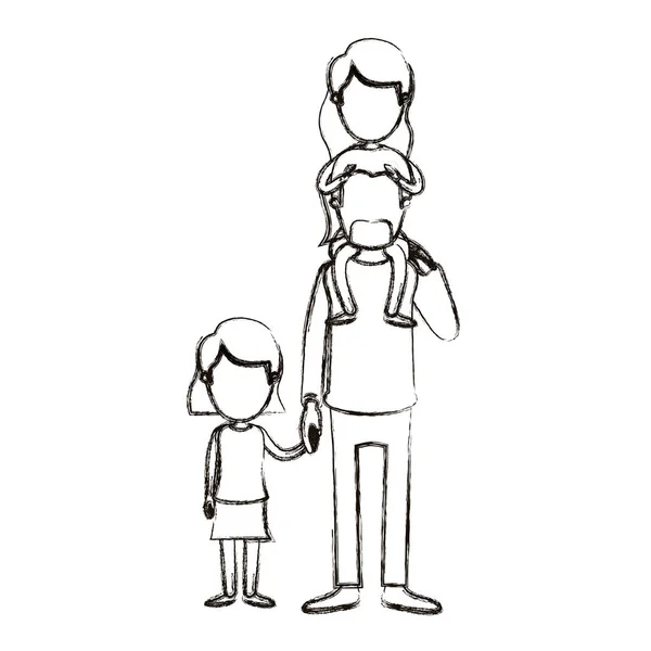 Silhouette floue caricature sans visage papa avec fille sur son dos et fille a pris les mains — Image vectorielle