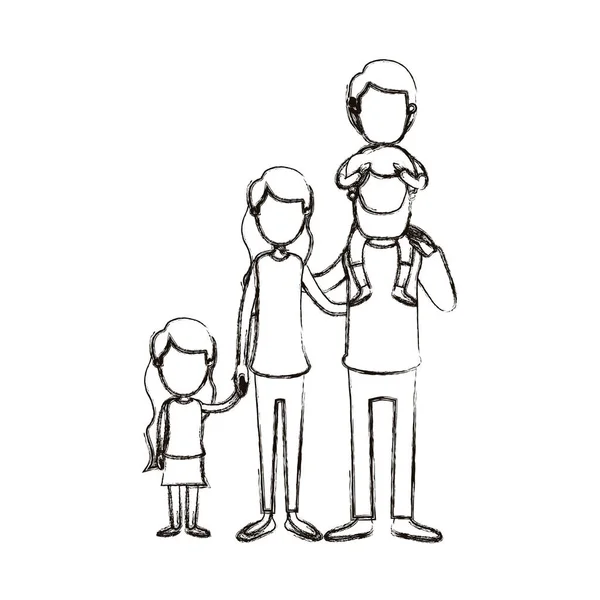 Wazig silhouet karikatuur gezichtsloze grote familie ouders met jongen op zijn rug en dochter handen genomen — Stockvector