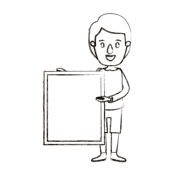 blurred silhouette caricature full body man holding a square poster