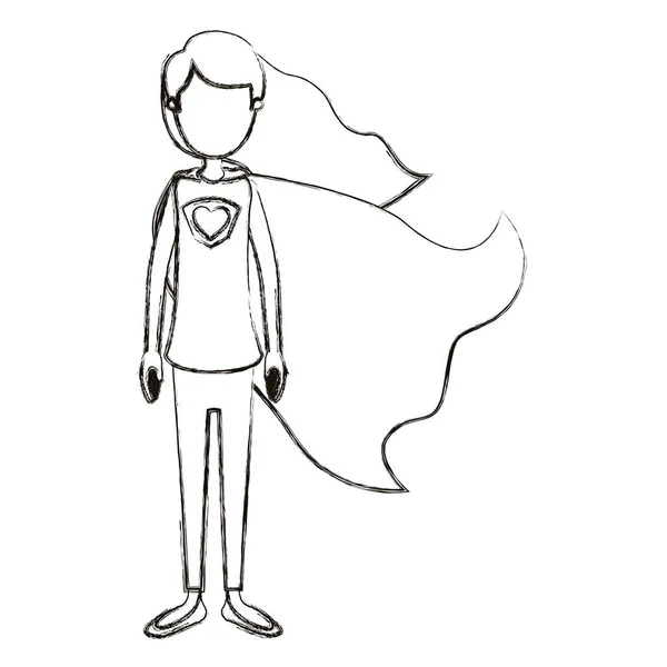 Silhouette floue caricature sans visage corps complet super héros femme avec les cheveux longs ondulés et la casquette — Image vectorielle
