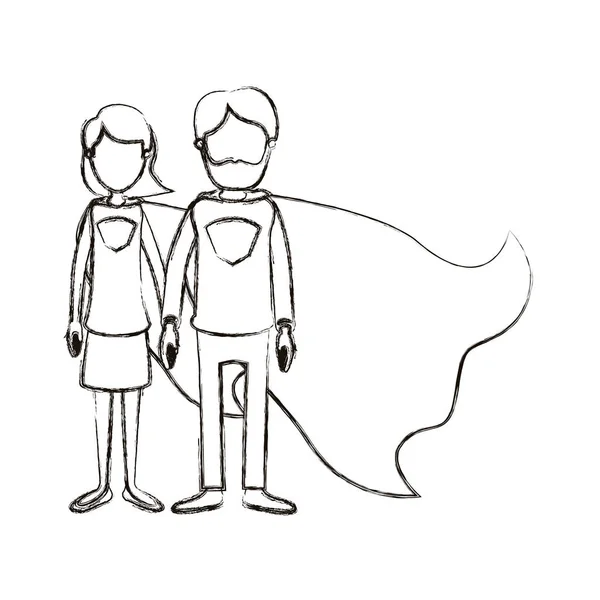 模糊的轮廓漫画不露面全身夫妇父母超级英雄与穿制服的心符号 — 图库矢量图片
