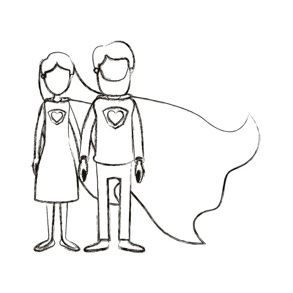 Verschwommene Silhouette Karikatur gesichtslose Ganzkörper-Paar Eltern Superhelden mit Uniform und Mütze — Stockvektor