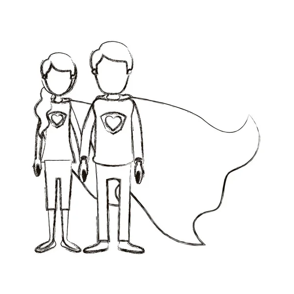 Silueta borrosa caricatura sin rostro cuerpo completo pareja jovenes super héroe con uniforme y gorra — Archivo Imágenes Vectoriales