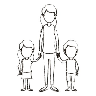 bulanık siluet karikatür meçhul tam vücut anne kız ve erkek ile el ele