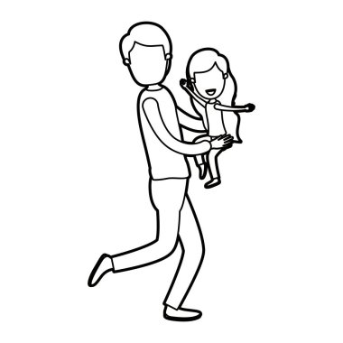 küçük bir kız taşıyan siyah kalın kontur karikatür meçhul tam vücut adam