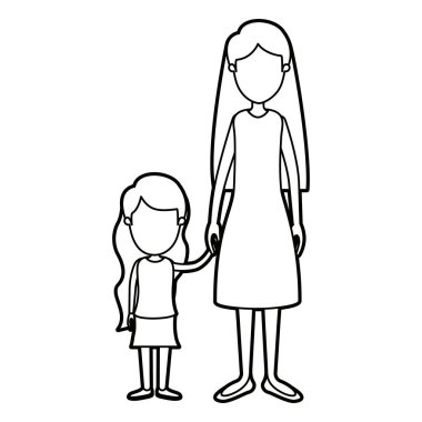 siyah kalın kontur karikatür meçhul tam vücut anne kızla el ele