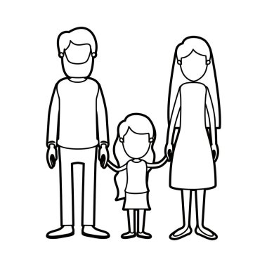 siyah kalın kontur karikatür meçhul aile baba sakallı ve eller alınan küçük kız ile uzun saçlı anne