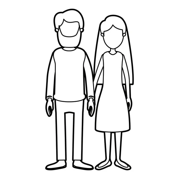 Noir épais contour caricature visage sans visage couple femme avec les cheveux longs en robe et l'homme en vêtements décontractés — Image vectorielle