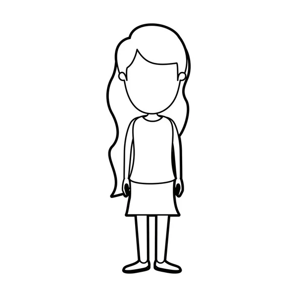 Schwarze dicke Kontur Karikatur gesichtslosen Ganzkörper-Mädchen mit welligen langen Haaren im Rock — Stockvektor