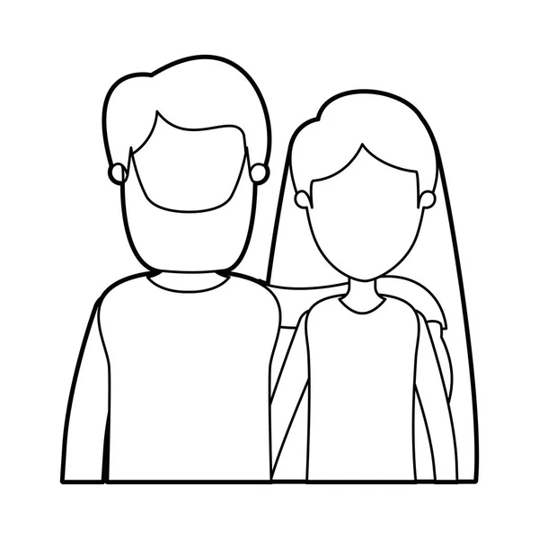 Nero spessore contorno caricatura viso mezzo corpo coppia donna con i capelli lunghi e barbuto uomo — Vettoriale Stock