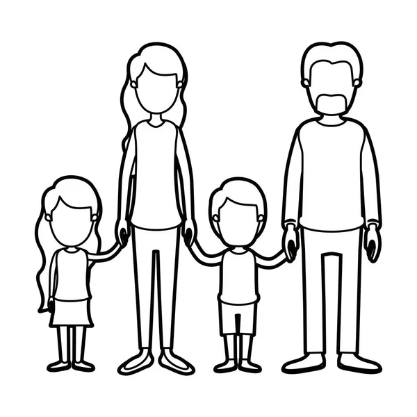Zwarte dikke contour karikatuur gezichtsloze familiegroep met ouders en kinderen die handen — Stockvector