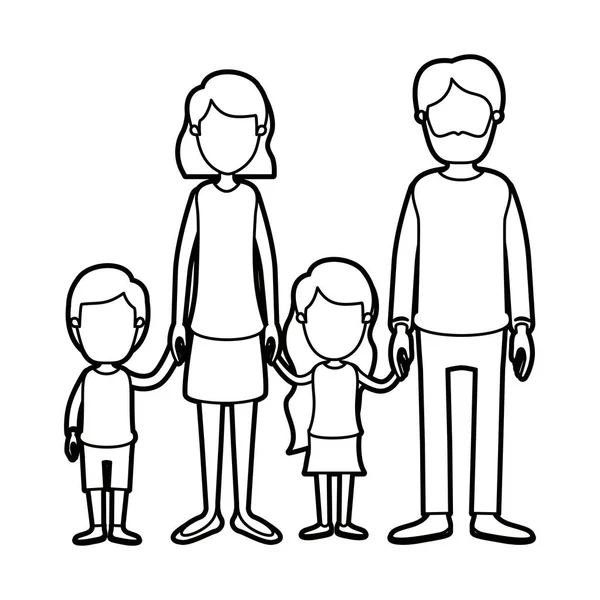 Black thick contour caricature faceless family group with parents and little kids taken hands — Stock Vector