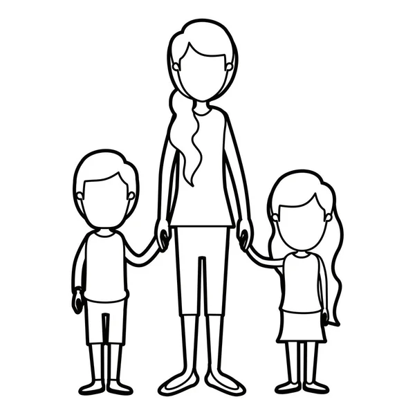 Černé tlusté obrysu karikaturu anonymní Zachycovací matka brát ruku s dětmi — Stockový vektor