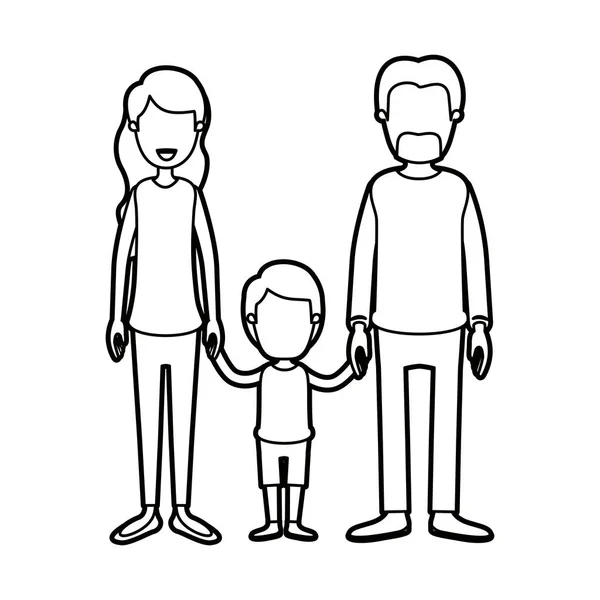 Noir épais contour caricature sans visage famille avec parents et petit garçon pris les mains — Image vectorielle