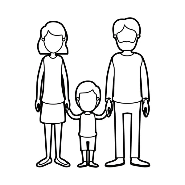 Schwarze dicke Kontur Karikatur gesichtslose Familie mit Vater bärtig und Mutter mit kurzen Haaren mit kleinem Jungen ergriffen Händen — Stockvektor