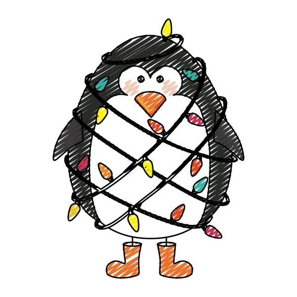 Kleur krijt stripe cartoon van penguin met laarzen en deelnemen aan koord lichten van Kerstmis — Stockvector