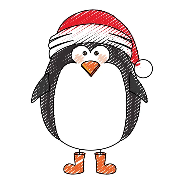 Color crayon stripe cartoon of penguin with boots and christmas hat — Stock Vector