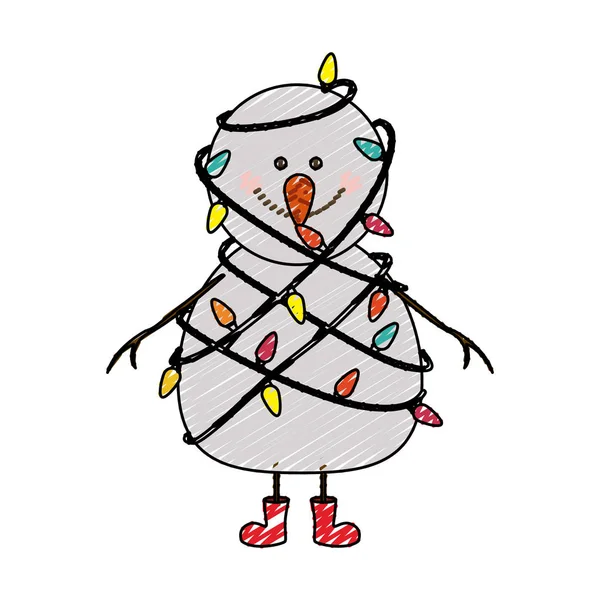Χρώμα σκίτσο κραγιόνι λωρίδα με χιονάνθρωπο με κόκκινες μπότες και μπλεγμένο σε σκοινί φώτα Χριστούγεννα — Διανυσματικό Αρχείο