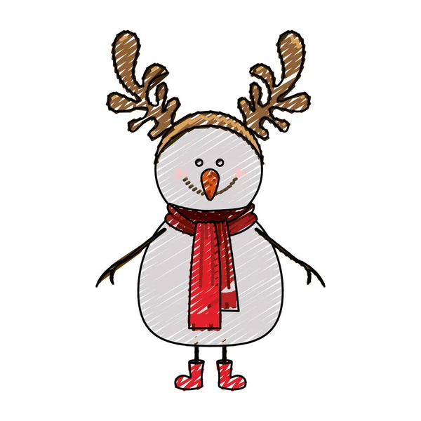 Color crayón raya de dibujos animados de muñeco de nieve con botas rojas y bufanda y cuernos de renos — Archivo Imágenes Vectoriales