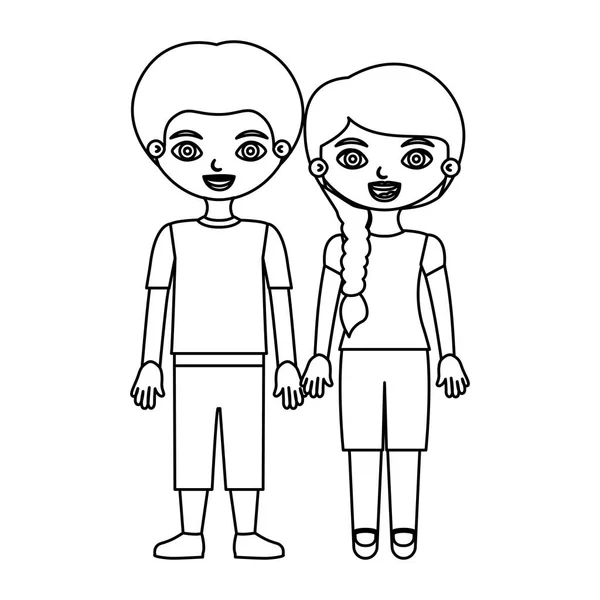 Svart kontur par flicka med sida fläta hår och pojke i casual kläder — Stock vektor