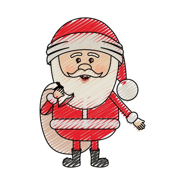 Bande de couleur crayon dessin animé de Santa Claus avec sac cadeau — Image vectorielle