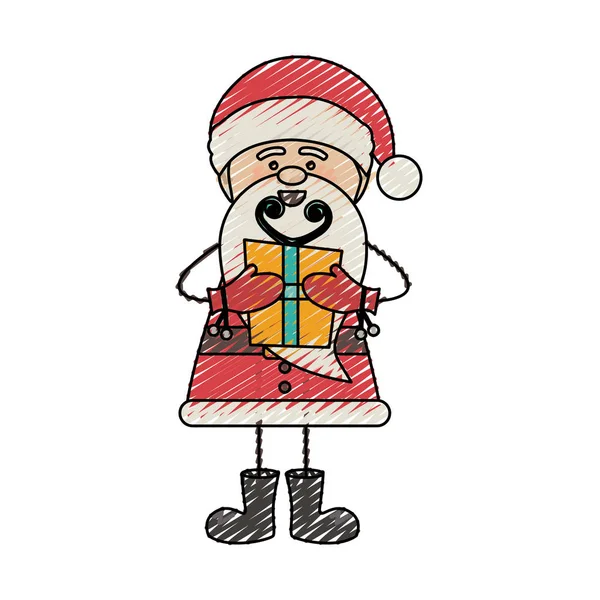 Color crayon stripe cartoon of funny santa claus with gift box — Stock Vector