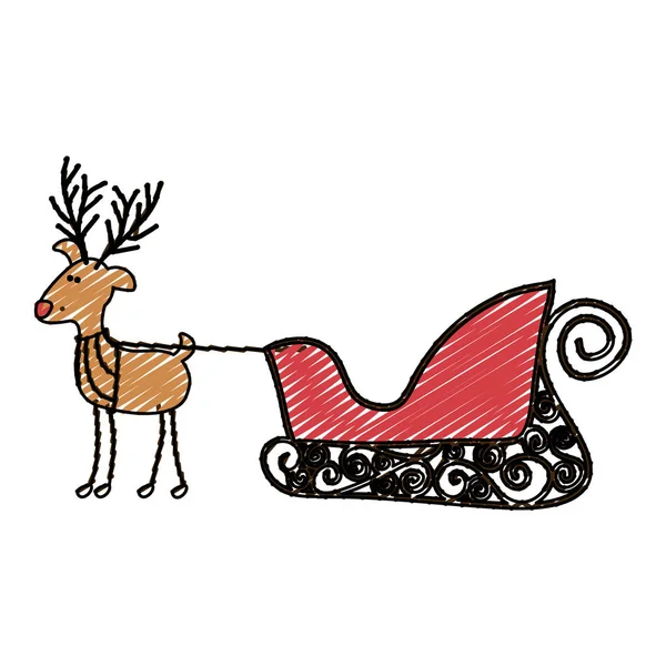 Bande de couleur crayon dessin animé de rennes drôles avec traîneau — Image vectorielle