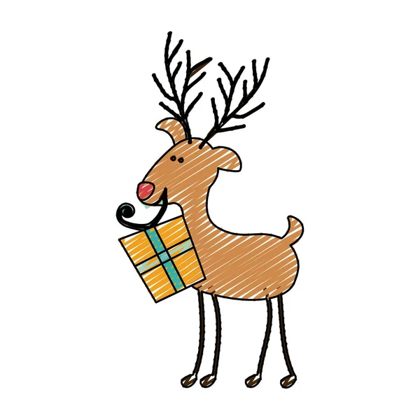 Cor lápis de cor banda desenhada de renas engraçadas com caixa de presente — Vetor de Stock