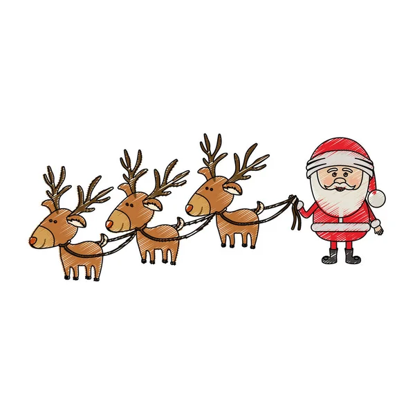 Bande De Couleur Crayon Dessin Anime De Trois Rennes Et Pere Noel Claus Image Vectorielle Par Grgroupstock C Illustration 153879914