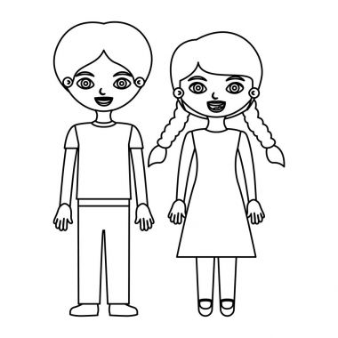 pantolon ve kız örgü saç modeli ile siyah kontur çift çocuk