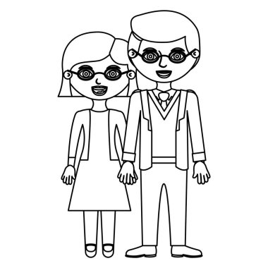 siyah kontur çift kadın elbiseli kısa saç ve alınan ellerle resmi elbiseli adam