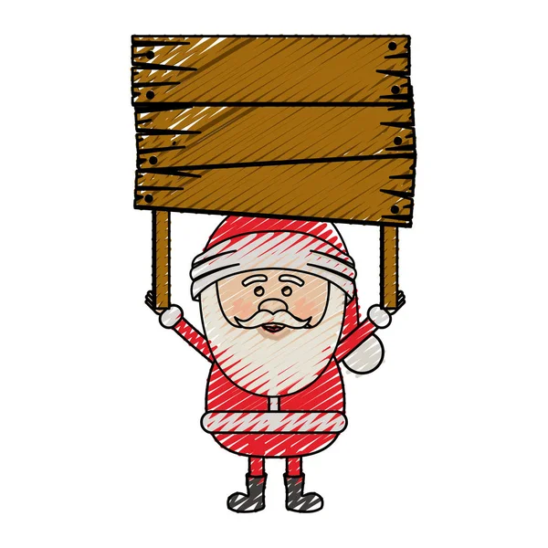 Color crayon stripe cartoon of santa claus with wooden banner — Stock Vector