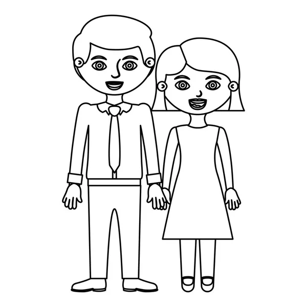 Черный контур пара женщина с короткими волосами в платье и мужчина с галстуком и взятые руки — стоковый вектор