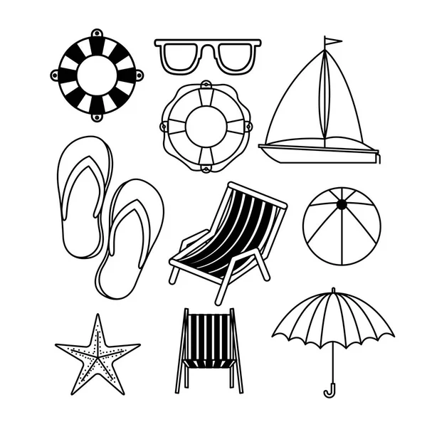 Conjunto monocromo de iconos de vacaciones playa — Vector de stock