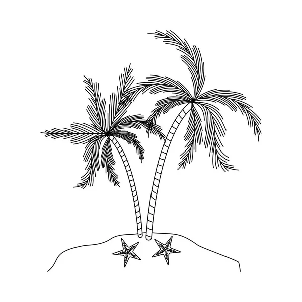 Zwart-wit silhouet van eiland met palmbomen en zeester — Stockvector
