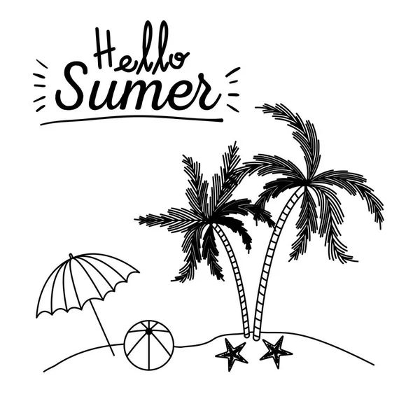 Cartaz monocromático de Olá verão com guarda-chuva e bola na ilha com palmeiras e estrelas do mar — Vetor de Stock