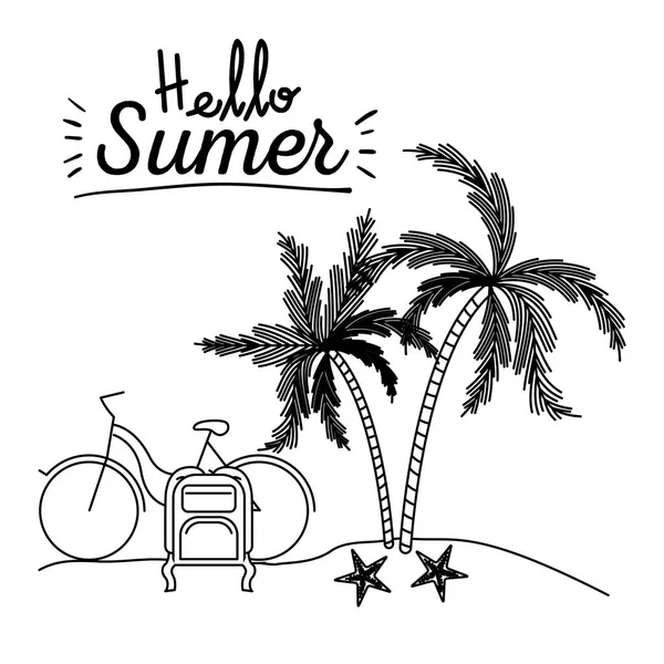 自転車とヤシの木の横にある荷物を持つビーチの風景こんにちは夏のモノクロ ポスター — ストックベクタ